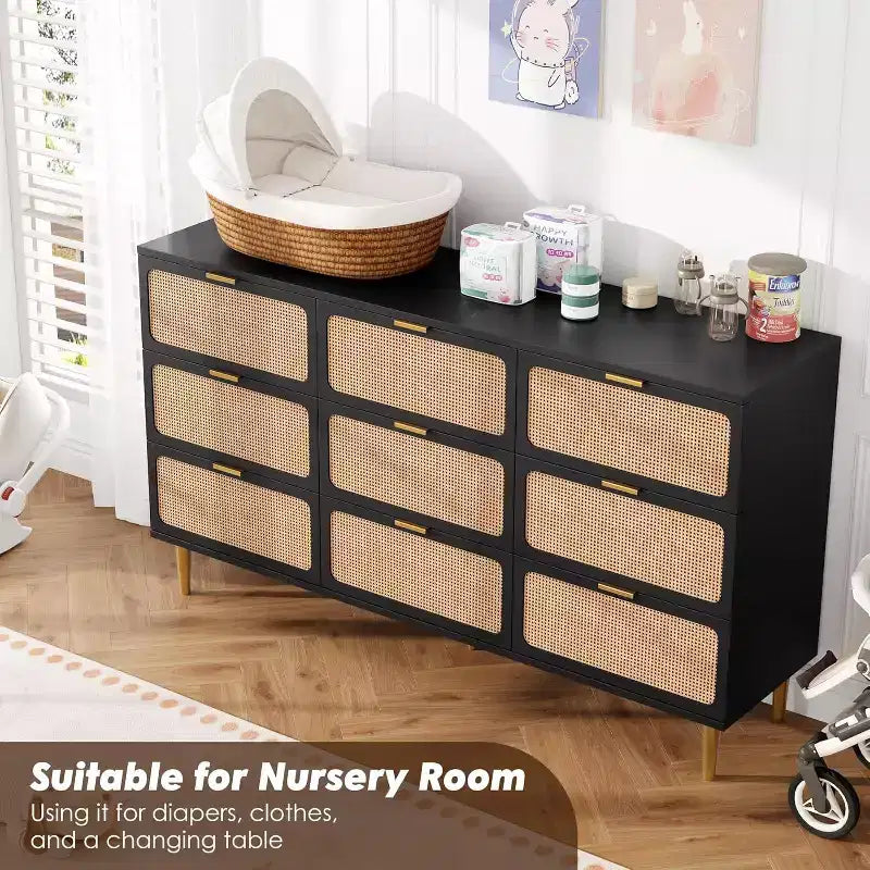 Commode haute en rotin à 9 tiroirs – Meuble de rangement moderne en bois avec tiroirs profonds