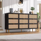 Commode haute en rotin à 9 tiroirs – Meuble de rangement moderne en bois avec tiroirs profonds