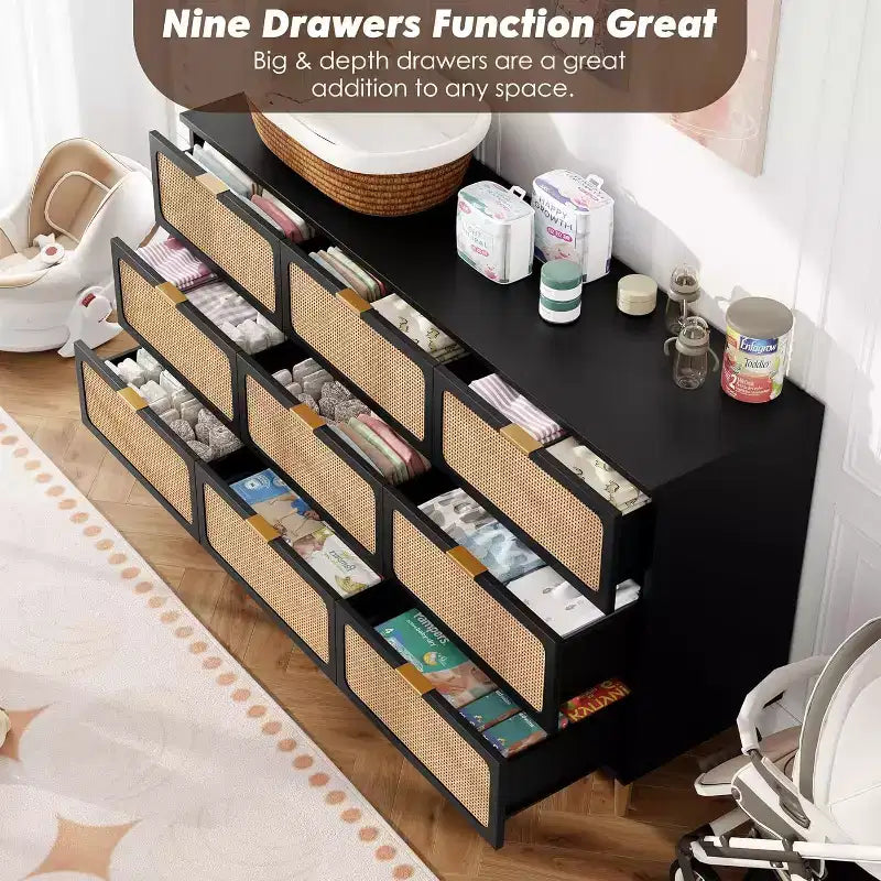 Commode haute en rotin à 9 tiroirs – Meuble de rangement moderne en bois avec tiroirs profonds