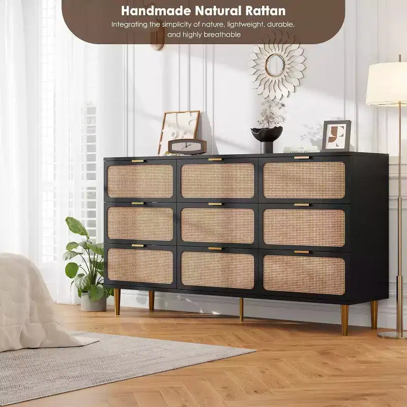 Commode haute en rotin à 9 tiroirs – Meuble de rangement moderne en bois avec tiroirs profonds