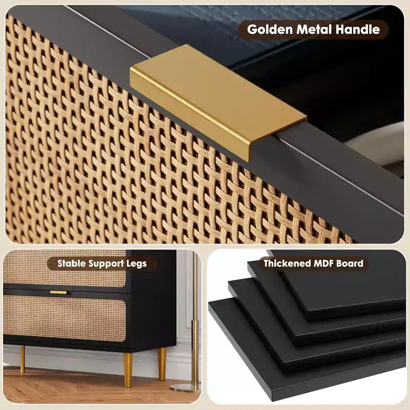 Commode haute en rotin à 9 tiroirs – Meuble de rangement moderne en bois avec tiroirs profonds