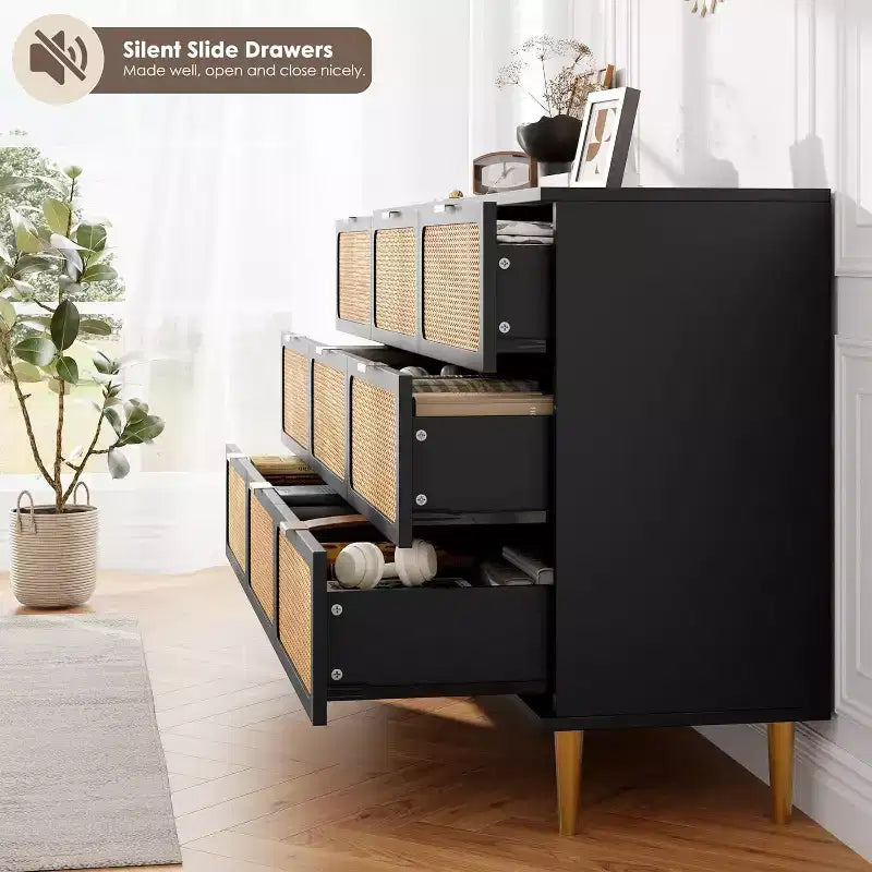 Commode haute en rotin à 9 tiroirs – Meuble de rangement moderne en bois avec tiroirs profonds