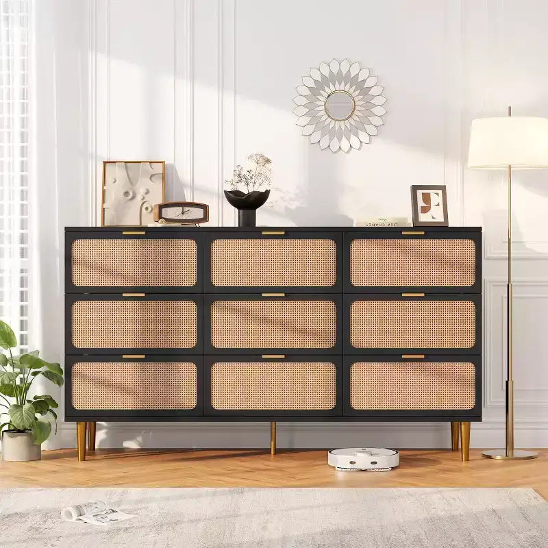 9-Drawer Tall Rattan Dresser - Modern Wooden Chest with Deep Storage & Wide Top for Bedroom Living Room or Hallway