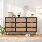 9-Drawer Tall Rattan Dresser - Modern Wooden Chest with Deep Storage & Wide Top for Bedroom Living Room or Hallway