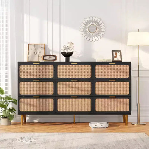 9-Drawer Tall Rattan Dresser - Modern Wooden Chest with Deep Storage & Wide Top for Bedroom Living Room or Hallway