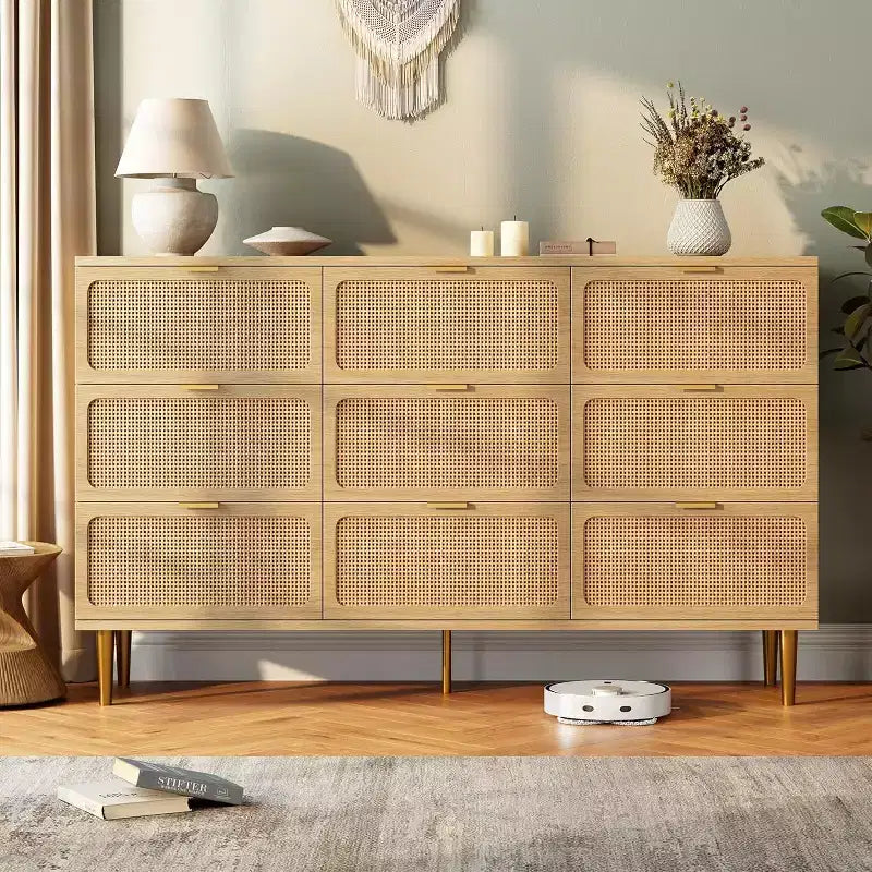 Commode haute en rotin à 9 tiroirs – Meuble de rangement moderne en bois avec tiroirs profonds