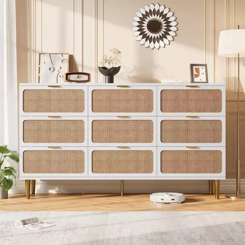 Commode haute en rotin à 9 tiroirs – Meuble de rangement moderne en bois avec tiroirs profonds