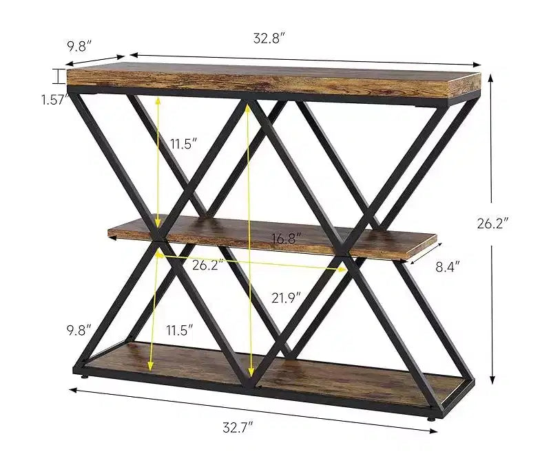 Cadre de table console industrielle à 3 niveaux avec étagère ouverte