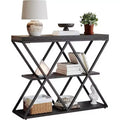 3-Tier Industrial Console Table with x-Shaped Metal Frame Open Shelf Console Sofa Table for Living Room with Adjustable Feet