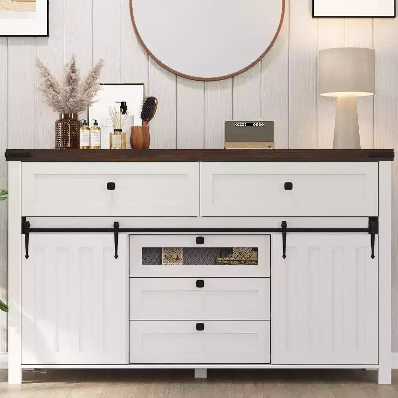 Acekool Farmhouse Buffet Cabinet Kitchen Sideboard with Sliding Barn Doors and 5 Drawers Coffee Bar Storage for Dining Room and Living Room
