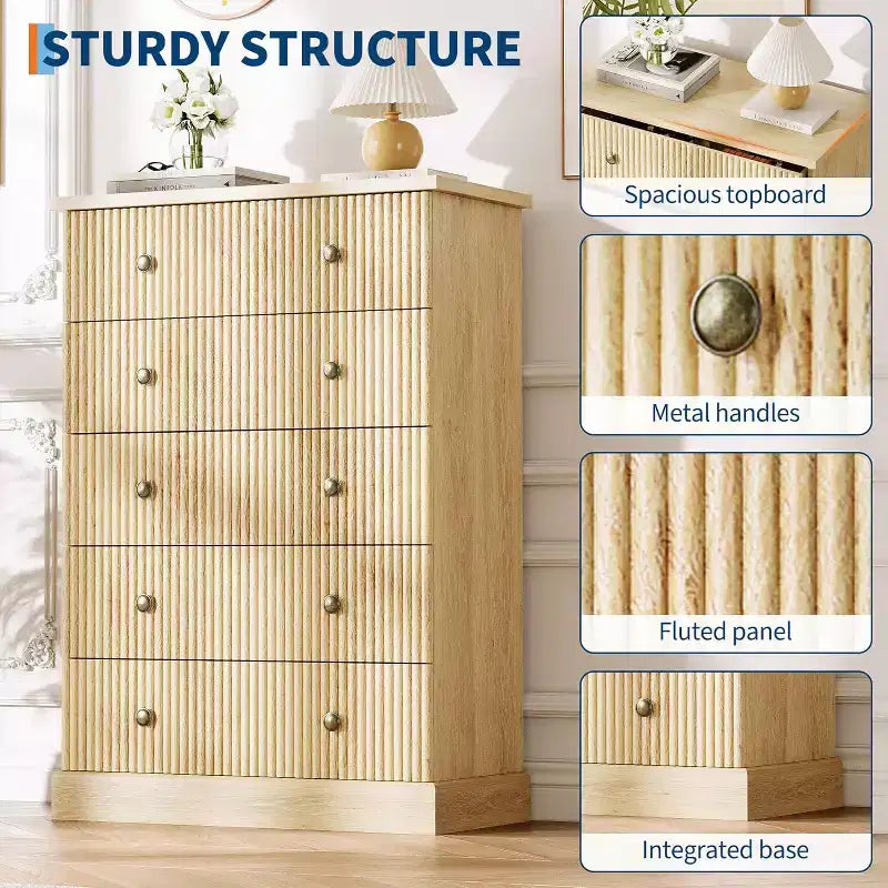 Commode haute 5 tiroirs en bois et métal cannelé