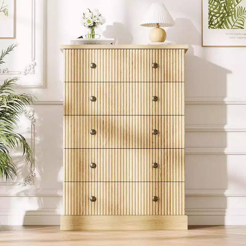 Fluted 5-Drawer Tall Dresser with Metal Handles Space-Saving Wood Storage for Apartment and Guest Room