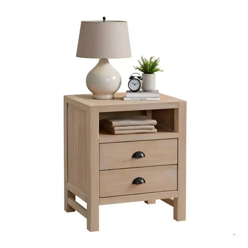 Arden 2 Drawer Wood Nightstand Light Driftwood - Alaterre Furniture: Rustic Pine Frame Open Shelf Oil Rubbed Bronze Hardware