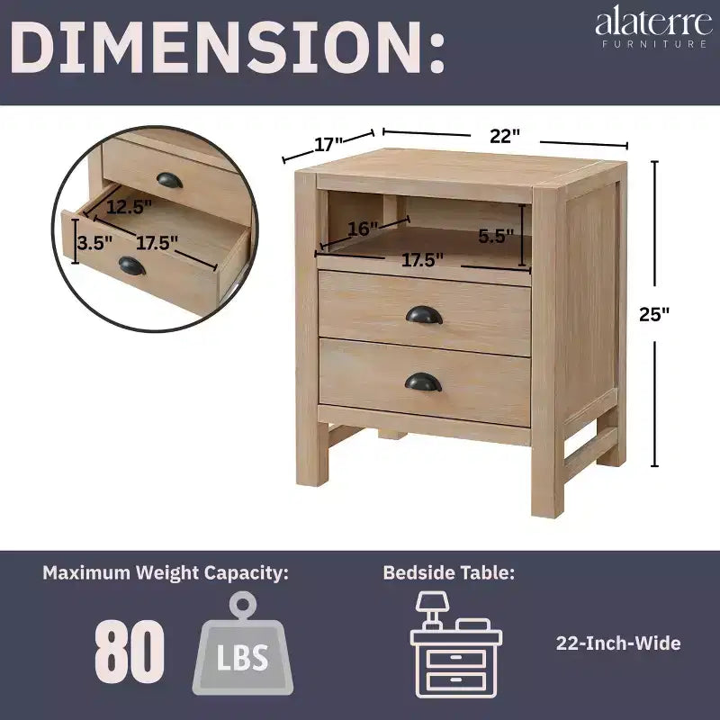 Table de chevet en bois à 2 tiroirs avec quincaillerie en bronze huilé