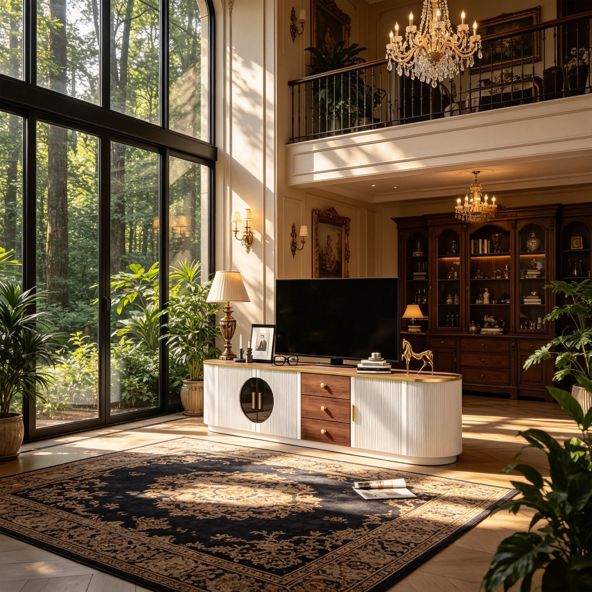 Meuble TV console moderne avec placards et poignées métalliques